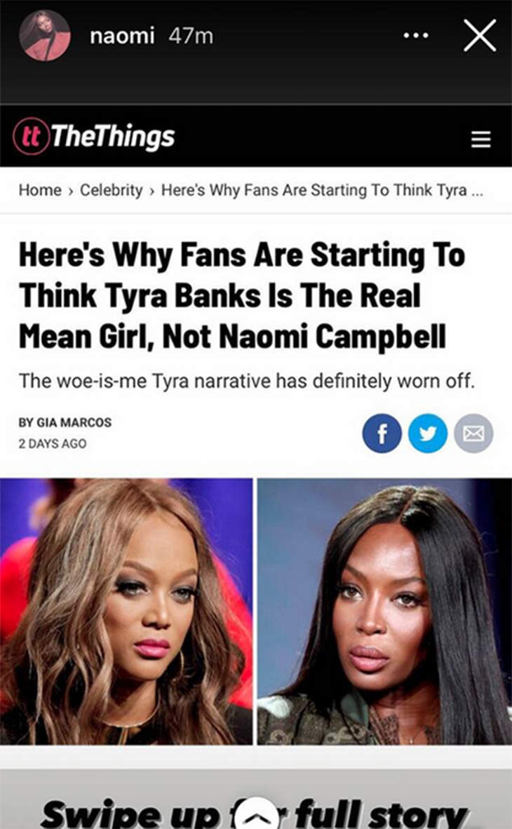 Dlisted | Naomi Campbell Shares Article Suggesting Tyra Banks Was The ...